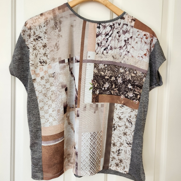 Zara Tops - Zara Patchwork Print Top Semi Sheer Lightweight Short Sleeves Neutral Gray Small